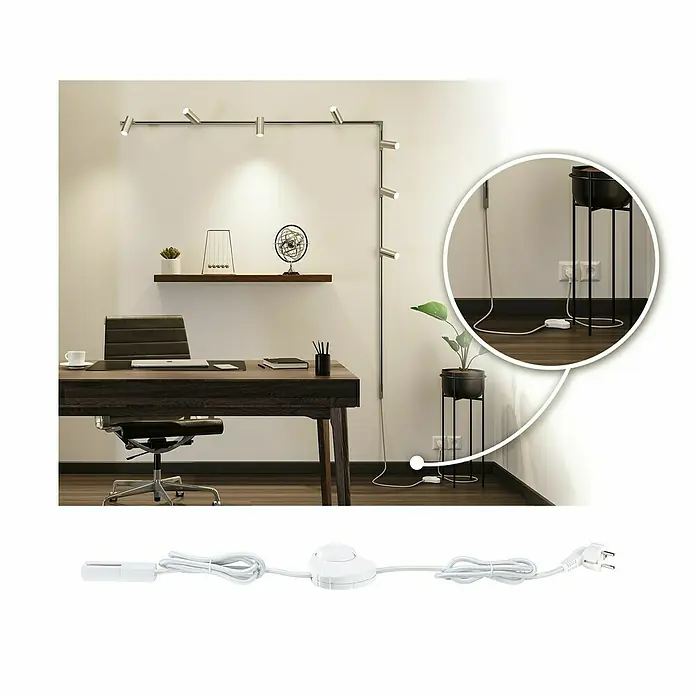 Paulmann URail Stromeinspeisung - Chrom matt, 200 cm - Moderne Büroeinrichtung mit einer auffälligen, an der Wand montierten LED-Leuchte, die für eine stilvolle Beleuchtung sorgt.