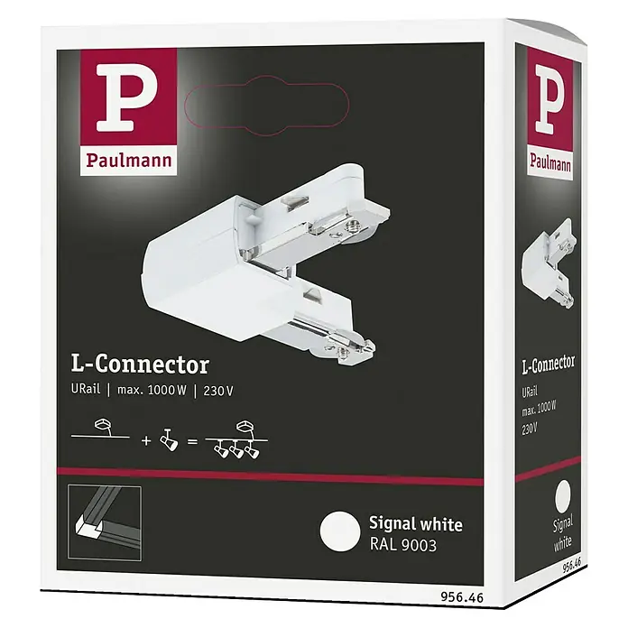 Paulmann URail L-Verbinder - L x B x H: 62 x 62 x 18 mm, Signalweiß - Verpackung eines Paulmann Urail L-Connectors in Signalweiß, 1000W, 230V für ein flexibles und individuelles Lichtsystem.