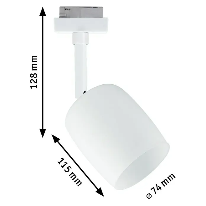 Paulmann URail LED-Spot Blossom - 10 W, Signalweiß, G9, 1 Stk. - Produktbild einer weißen Schienenleuchte mit Maßangaben. Die Lampe ist aus Metall und hat eine zylindrische Form.