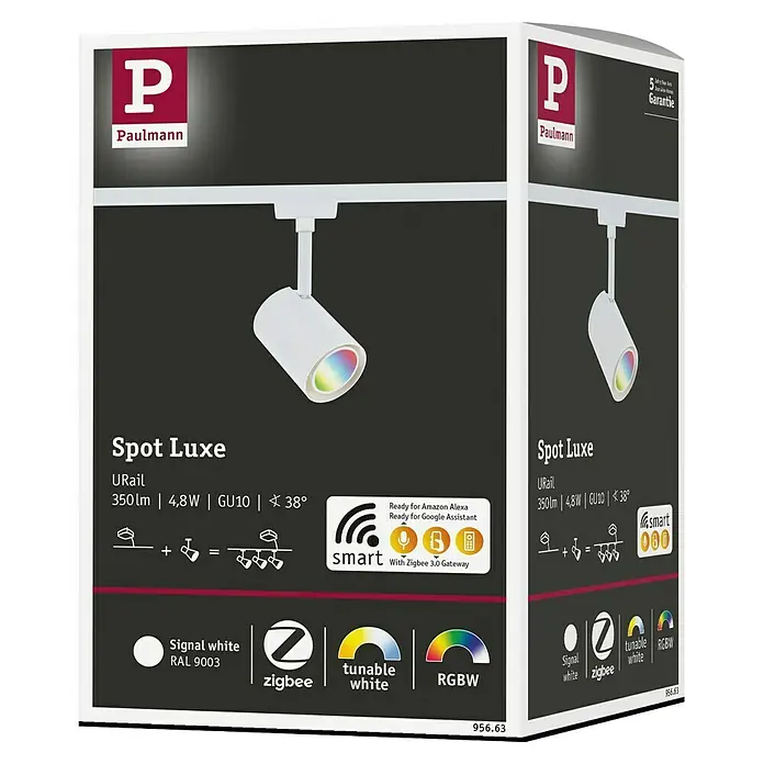 Paulmann URail LED-Spot Luxe - 10 W, Signalweiß, 6,5 x 9 x 16,3 cm, RGBW - Produktverpackung der Paulmann URail Spot Luxe Lampe, mit Informationen zu Leistung, Kompatibilität und Farbtemperatur.