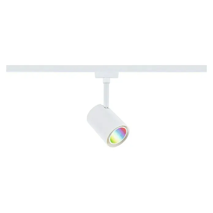 Paulmann URail LED-Spot Luxe - 10 W, Signalweiß, 6,5 x 9 x 16,3 cm, RGBW - Nahaufnahme eines weißen LED-Strahlers an einer weißen Schiene mit einem farbenfrohen Lichtstrahl.