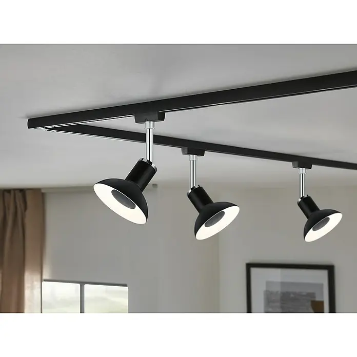 Paulmann LED-Lampe Reflektor Standard - Dimmbar, Warmweiß, 360 lm, 4,9 W, Schwarz - Deckenleuchte mit drei schwarzen Strahlern an einer schwarzen Schiene, die modernes Lichtdesign und flexible Beleuchtung vereint.