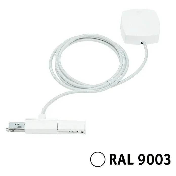 Paulmann URail Stromeinspeisung Cabel Feed - Signalweiß, 2 m - Bild eines weißen Beleuchtungsadapters mit Kabel und Stecker, RAL 9003 Farbton.