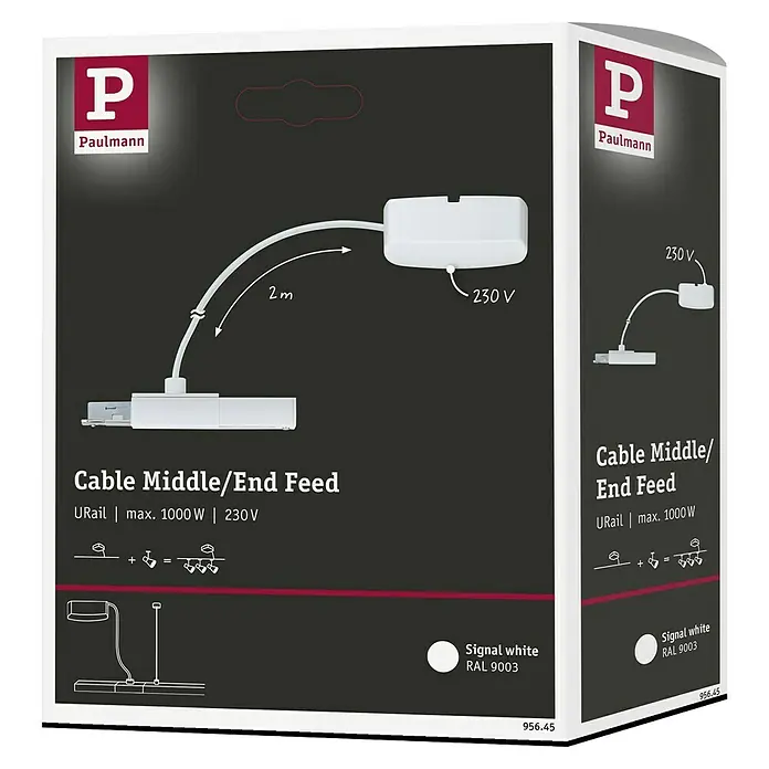 Paulmann URail Stromeinspeisung Cabel Feed - Signalweiß, 2 m - Abbildung eines Paulmann URail Kabeleinspeisers, Mittel- oder Endstück, max. 1000W, 230V, in Signalweiß (RAL 9003).