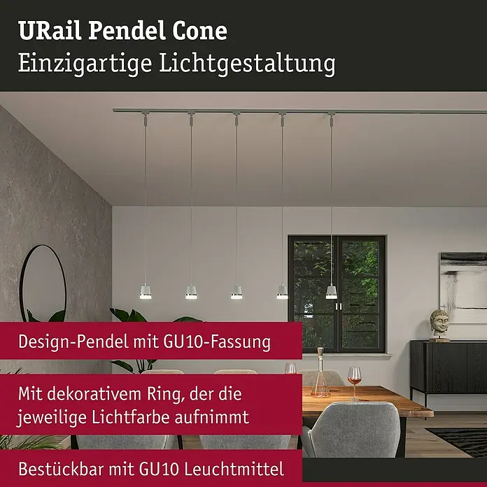 Paulmann URail Pendelleuchte Cone - Ø x H: 8,4 x 121,4 cm, Chrom matt - Das Bild zeigt die URail Pendel Cone, eine stilvolle Beleuchtungslösung mit einzigartigem Lichtdesign. Perfekt für moderne Innenräume.