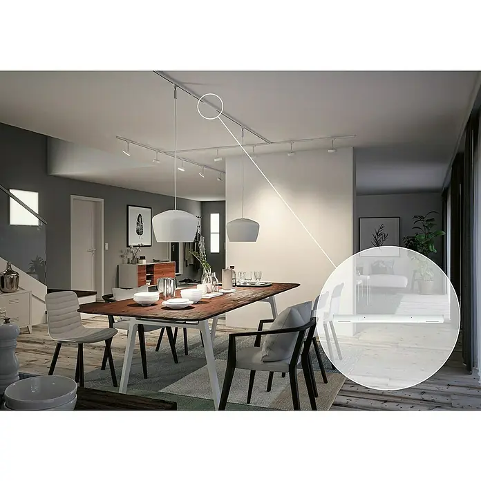 Paulmann URail Mittel-Einspeisung - L x B x H: 304 x 18 x 18 mm, Signalweiß - Das Bild zeigt eine moderne Innenarchitektur mit einem linearen Schienensystem, das die Beleuchtung elegant in das Design integriert.