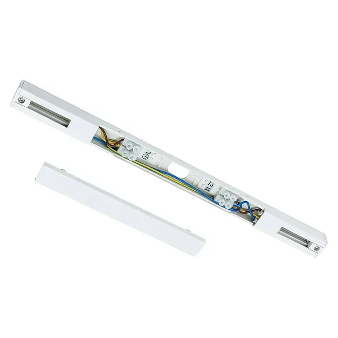 Paulmann URail Mittel-Einspeisung - L x B x H: 304 x 18 x 18 mm, Signalweiß - Nahaufnahme einer weißen Stromschieneneinheit mit freiliegender Verkabelung, die moderne Beleuchtungslösungen zeigt.