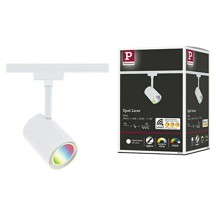 Paulmann URail LED-Spot Luxe - 10 W, Signalweiß, 6,5 x 9 x 16,3 cm, RGBW - Nahaufnahme der Paulmann URail Spot Luxe Leuchte. Das Produkt ist in Weiß gehalten und bietet tunable white und RGBW Funktionen.