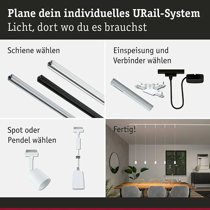 Paulmann URail Pendelleuchte Cover - Ø x H: 6,5 x 122 cm, Signalweiß - Produktabbildung eines URail-Systems, das Schienen, Einspeisungen, Verbinder, Spots und Pendel zur individuellen Lichtgestaltung zeigt.