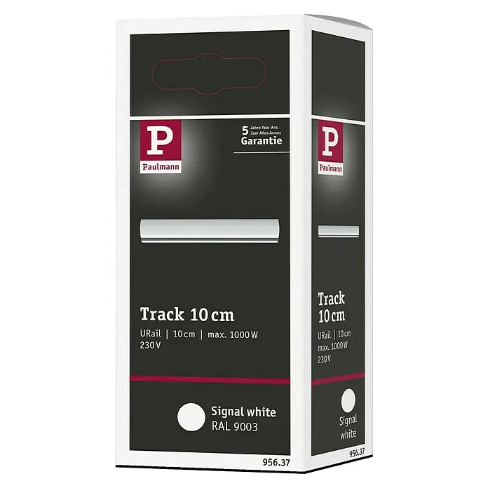 Paulmann URail Gleiter - 10 cm, Metall, Signalweiß - Produktverpackung für Paulmann URail Track 10cm in Signalweiß, mit Garantiehinweis und technischen Details.