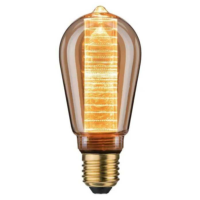 Paulmann LED-Lampe Inner Glow Edition Ring - Dimmbar, Warmweiß, 120 lm, 6,4 cm - Nahaufnahme einer dekorativen Edison Glühbirne mit warmem Licht und einem goldenen Sockel auf schwarzem Hintergrund.