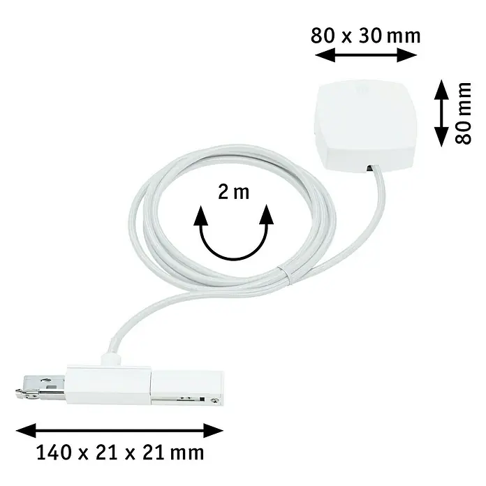 Paulmann URail Stromeinspeisung Cabel Feed - Signalweiß, 2 m - Produktansicht mit Maßen: 80 x 30 mm und 80 mm für den Würfel, 140 x 21 x 21 mm für den Stecker, Kabellänge 2 Meter.