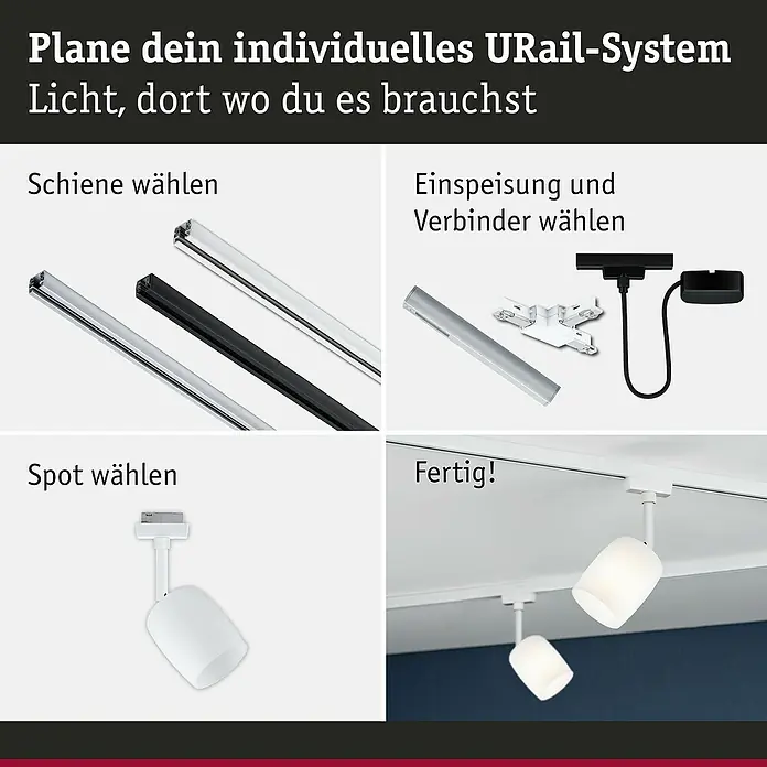 Paulmann URail LED-Spot Blossom - 10 W, Signalweiß, G9, 1 Stk. - Produktbild eines URail-Systems, das aus Schienen, Stromanschlüssen, Verbindern und Spots besteht, um ein individuelles Beleuchtungssystem zu erstellen.