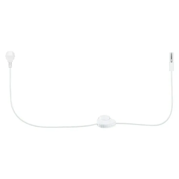 Paulmann URail Stromeinspeisung - Signalweiß, 200 cm - Nahaufnahme eines weißen Stromkabels mit Stecker, Schalter und Buchse, das sich vor einem schwarzen Hintergrund horizontal erstreckt.