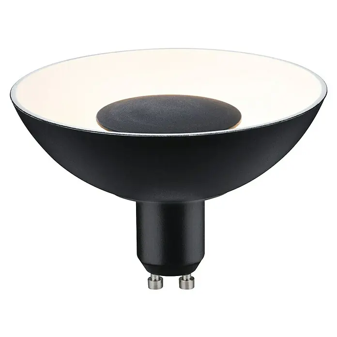 Paulmann LED-Lampe Reflektor Standard - Dimmbar, Warmweiß, 360 lm, 4,9 W, Schwarz - Nahaufnahme einer schwarzen MR16 LED Lampe mit silbernen Stiften, ideal für Akzentbeleuchtung. Das Licht ist warmweiß und dimmbar.