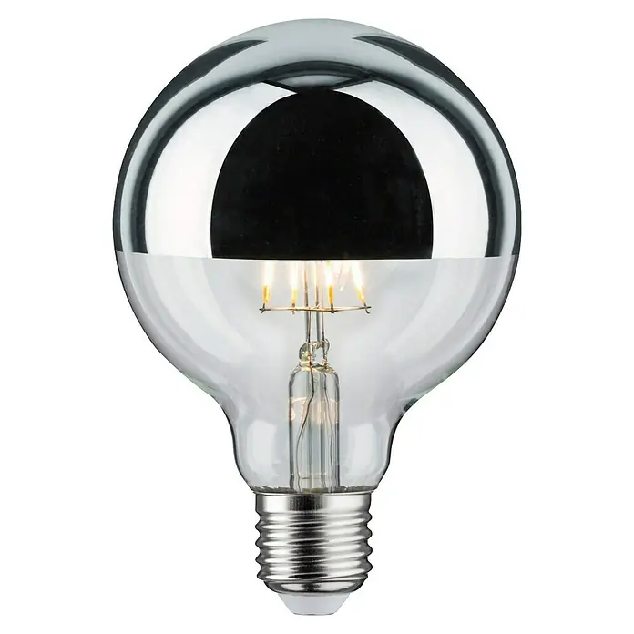 Paulmann LED-Lampe Modern Classic Edition - Dimmbar, Warmweiß, 600 lm - Nahaufnahme einer dekorativen Globus-Glühbirne mit verspiegelter Oberseite, die ein warmes, einladendes Licht ausstrahlt und Eleganz verleiht.