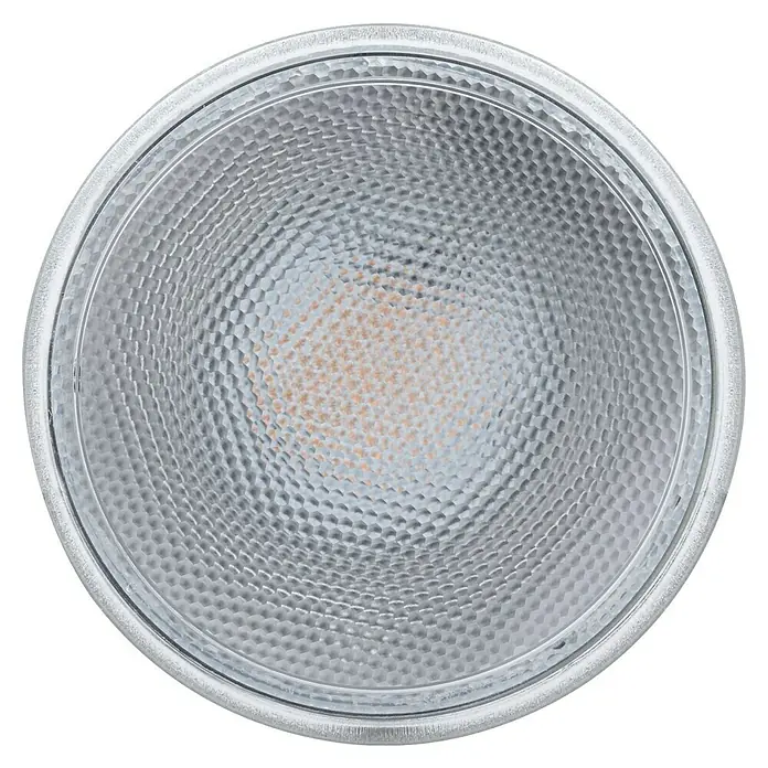 Paulmann LED-Lampe Reflektor Par38 - Dimmbar, Warmweiß, 1.000 lm, 13,8 W - Nahaufnahme einer LED-Lampe mit silbernem Rahmen und reflektierender Oberfläche.