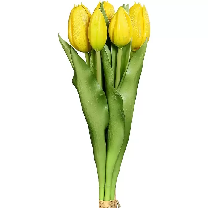Kunstblume Tulpen - Höhe: 31 cm, Orange, Gelb (sortiert) - Strauß künstlicher gelber Tulpen mit grünen Stielen und Blättern, unten zusammengebunden.