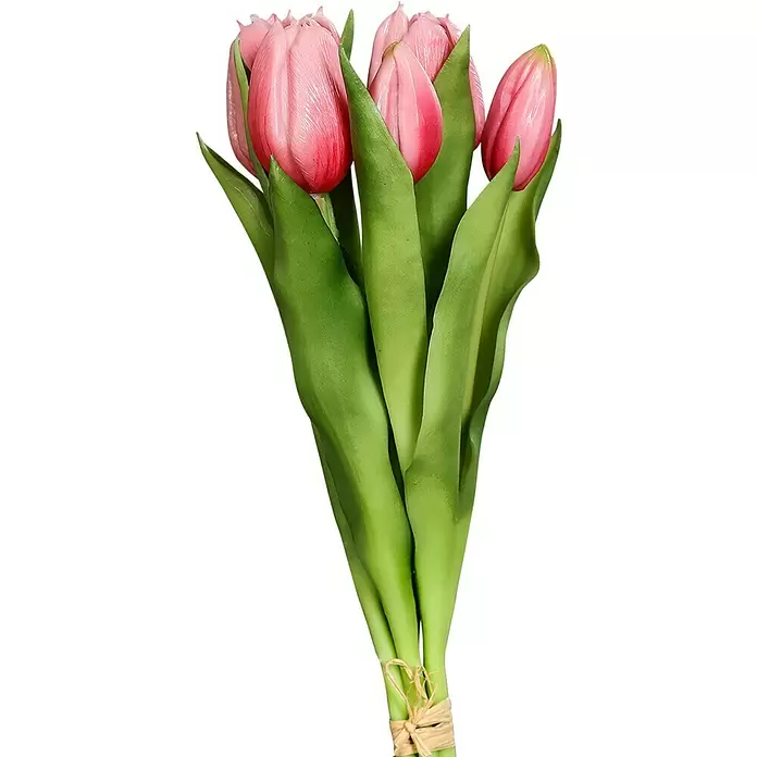 Kunstblume Tulpen - Höhe: 31 cm, Pink, Creme (sortiert) - Strauß rosa Tulpen mit grünen Stielen, mit Naturfaserband gebunden.