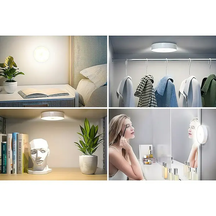 Tween Light Akku-Unterbauleuchte - Weiß, Mehrfarbig - Verschiedene Anwendungsszenarien für eine runde, kabellose LED-Leuchte, die für Schränke, Nachttische und Schminktische geeignet ist.