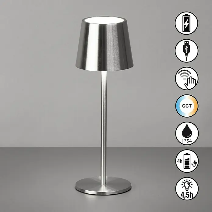FHL easy Akku-Tischleuchte Roxi - 1,5 W, L x B x H: 9 x 9 x 27,5 cm, Silber, Warmweiß - Bild einer silbernen Tischleuchte mit rundem Fuß und kegelförmigem Schirm, die eine moderne und elegante Beleuchtungslösung darstellt.