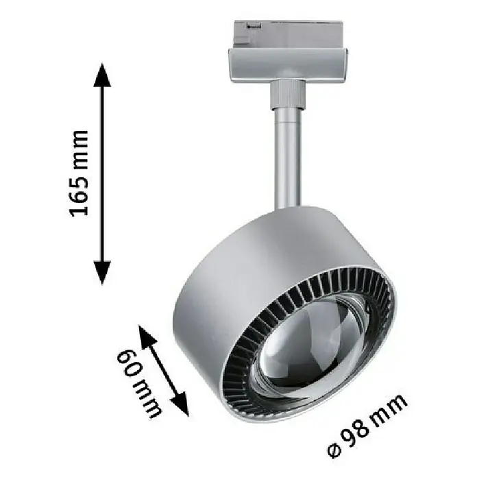 Paulmann URail LED-Spot Aldan - Chrom matt, Neutralweiß, Ø x H: 9,8 x 17 cm - Abbildung einer modernen silbernen Strahlerlampe mit den Maßen 165 mm Höhe, 60 mm Breite und 98 mm Durchmesser.