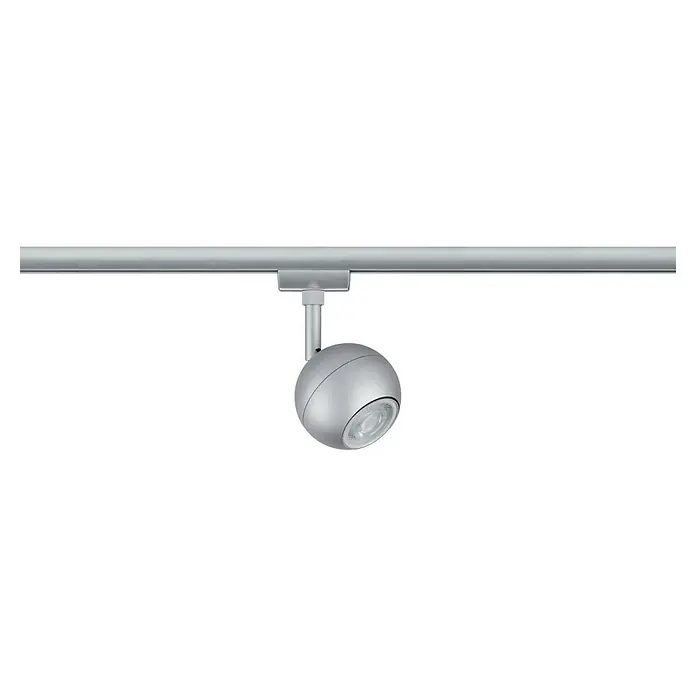 Paulmann URail LED-Spot Tup - 10 W, Chrom matt, Ø x H: 8 x 15,9 cm - Nahaufnahme einer modernen, silberfarbenen Kugel-förmigen Schienenleuchte. Die Leuchte ist an einer Schiene befestigt und strahlt Eleganz aus.