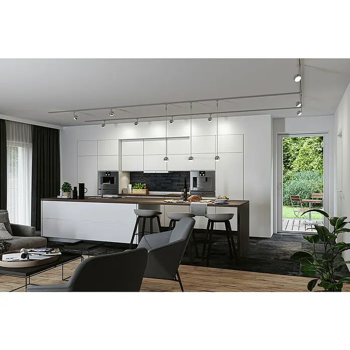 Paulmann URail LED-Pendelleuchte Capsule II - Neutralweiß, Chrom matt, Ø x H: 8,7 x 130 cm - Eine moderne Wohnküche mit Kücheninsel, weißen Schränken und innovativer Deckenbeleuchtung. Elegantes Design trifft auf Funktionalität.