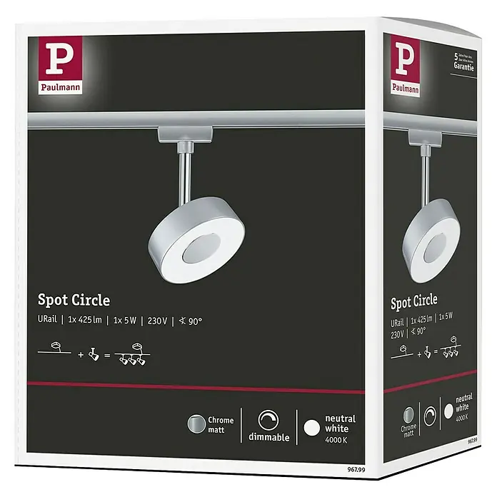 Paulmann URail LED-Spot Circle - Chrom matt, 5 x 9,8 x 15,7 cm - Bild einer Paulmann Spot Circle URail Lampe, Chrom matt, neutralweiß mit 4000K und dimmbarer Funktion, für eine moderne Beleuchtung.