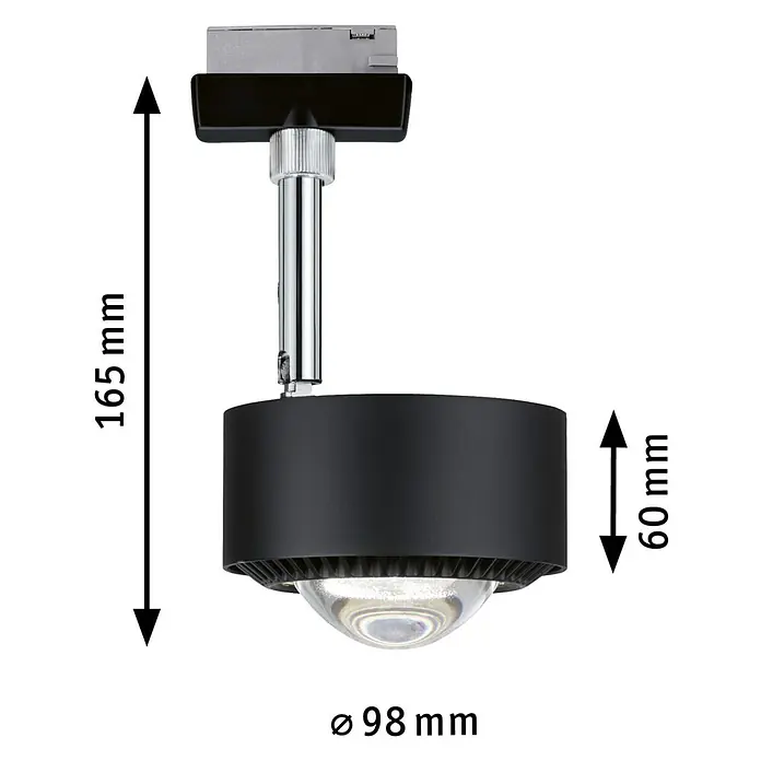 Paulmann URail LED-Spot Aldan - Schwarz matt, Neutralweiß, Ø x H: 9,8 x 17 cm - Produktdetails der schwarzen Deckenleuchte mit Chromakzenten und Maßangaben.