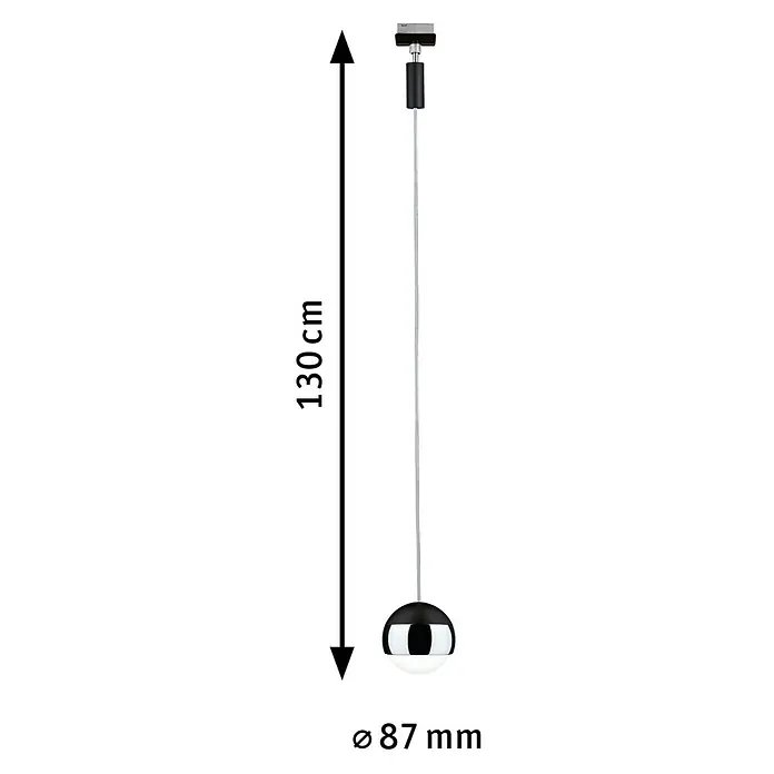 Paulmann URail LED-Pendelleuchte Capsule II - Warmweiß, Schwarz matt, Ø x H: 8,7 x 130 cm - Das Bild zeigt eine stilvolle, hängende Kugel-Lampe in Schwarz-Chrom mit den Maßen 130 cm Höhe und 87 mm Durchmesser.