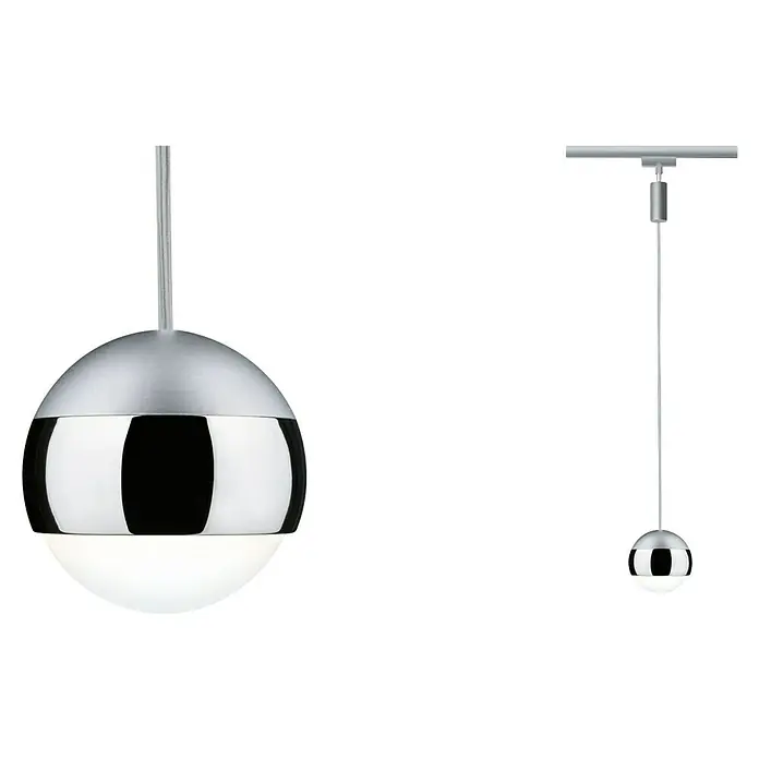 Paulmann URail LED-Pendelleuchte Capsule II - Neutralweiß, Chrom matt, Ø x H: 8,7 x 130 cm - Diese Aufnahme zeigt eine stilvolle, silberfarbene Kugelleuchte mit einer Hälfte aus Chrom und einer Hälfte aus mattiertem Glas. Sie hängt an einem Kabel.