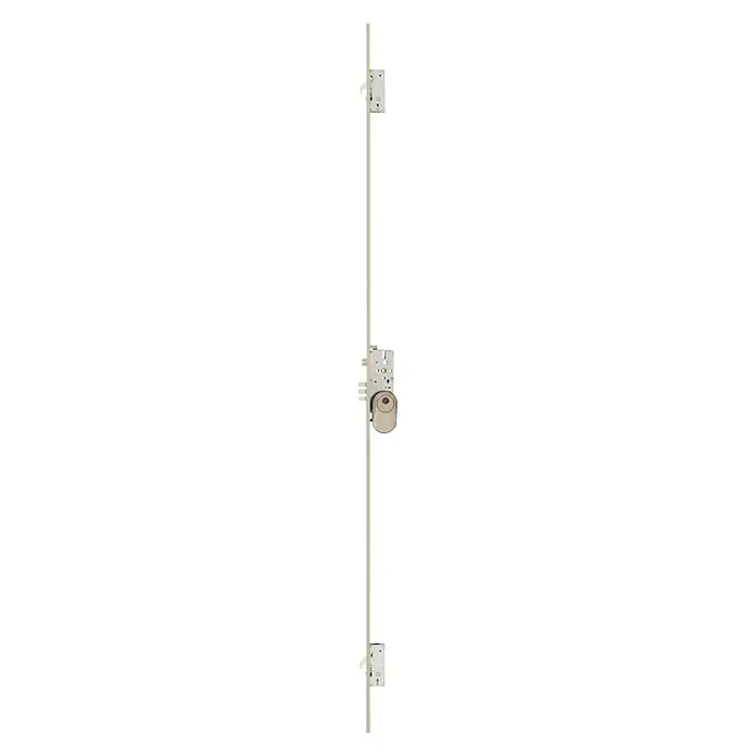 MCM Cerradura de embutir de puerta de entrada 30/30 - Esmaltado, Oro, Anchura placa: 70 mm - Un accesorio de puerta alineado verticalmente con una cerradura central y pestillos en ambos extremos, aislado sobre blanco.