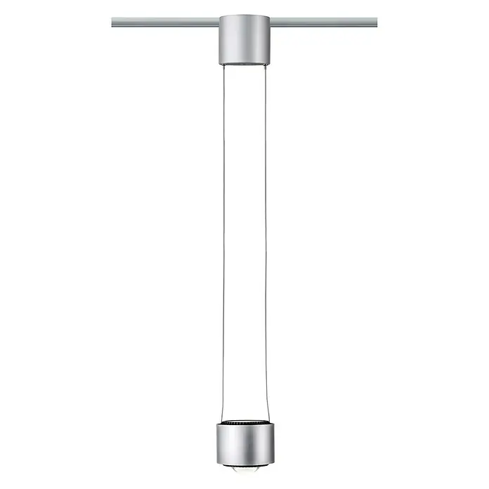 Paulmann URail LED-Pendelleuchte Aldan - Neutralweiß, Chrom matt, Ø x H: 10 x 150 cm, 4.000 K - Nahaufnahme einer modernen Hängelampe mit silbernen Akzenten und klarem, zylindrischem Lampenkörper unter einem dunklen Hintergrund.