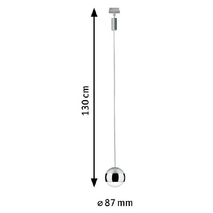 Paulmann URail LED-Pendelleuchte Capsule II - Neutralweiß, Chrom matt, Ø x H: 8,7 x 130 cm - Das Bild zeigt eine silberne Pendelleuchte mit einer Kugel und den Maßen 130 cm Höhe und 87 mm Durchmesser, ideal für moderne Interieurs.