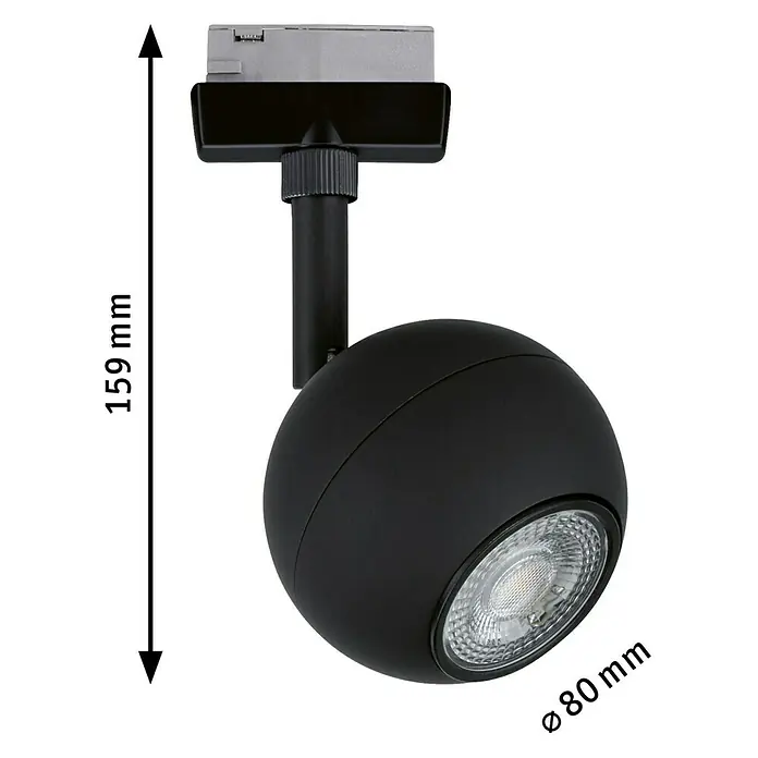 Paulmann URail LED-Spot Tup - 10 W, Schwarz matt, Ø x H: 8 x 15,9 cm - Abbildung einer schwarzen Kugel-Deckenleuchte mit Maßen.