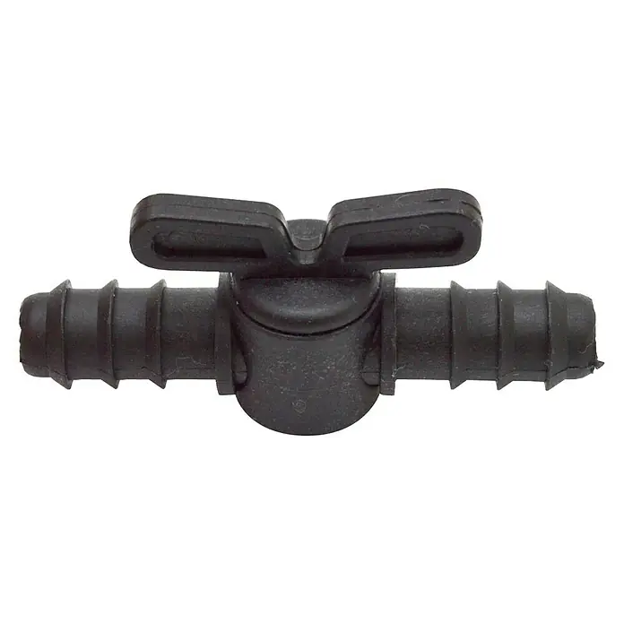 Llave de paso goteo - Diámetro conexión: 16 mm, Polietileno - Una válvula de riego negra con conexiones de púas, diseñada para un fácil control del flujo de agua.