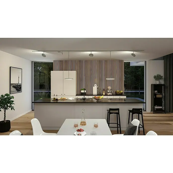 Paulmann URail Stromeinspeisung - 100 cm, 100 W, Chrom matt, Inkl. Endkappe - Ein modernes Küchendesign mit einer Insel, minimalistischen Möbeln und stilvoller Beleuchtung schafft eine einladende Atmosphäre.