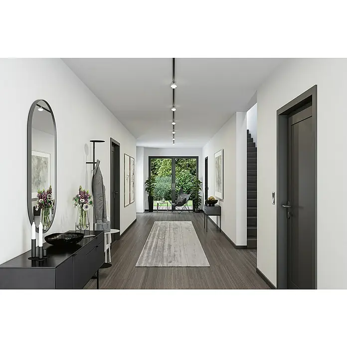 Paulmann URail LED-Spot Topa Dot - Chrom matt, Ø x H: 8 x 13 cm - Geräumiger Flur mit modernem schwarzen Konsolentisch, ovalem Spiegel und stilvoller Beleuchtung. Elegantes Interieur für ein einladendes Zuhause.