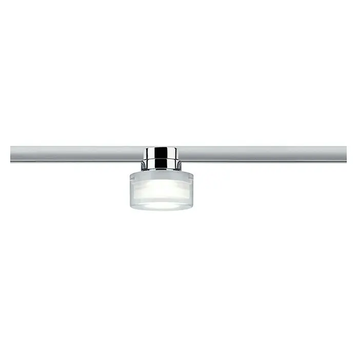 Paulmann URail LED-Spot Topa Dot - Chrom matt, Ø x H: 8 x 13 cm - Nahaufnahme einer modernen Deckenleuchte mit klarem Lampenschirm und Chromakzenten. Sie sorgt für elegante Beleuchtung in jedem Raum.