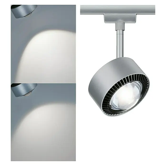 Paulmann URail LED-Spot Aldan - Chrom matt, Neutralweiß, Ø x H: 9,8 x 17 cm - Produktbild einer modernen, silberfarbenen Schienenleuchte mit gerichteter Lichtverteilung. Ideal für stilvolle Akzentbeleuchtung in Innenräumen.