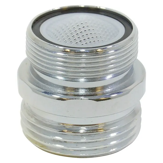 Adaptador para grifo macho - Rosca exterior: ¾″, Latón, Macho - Primer plano de un adaptador de grifo cromado con rosca y un inserto de malla blanca.