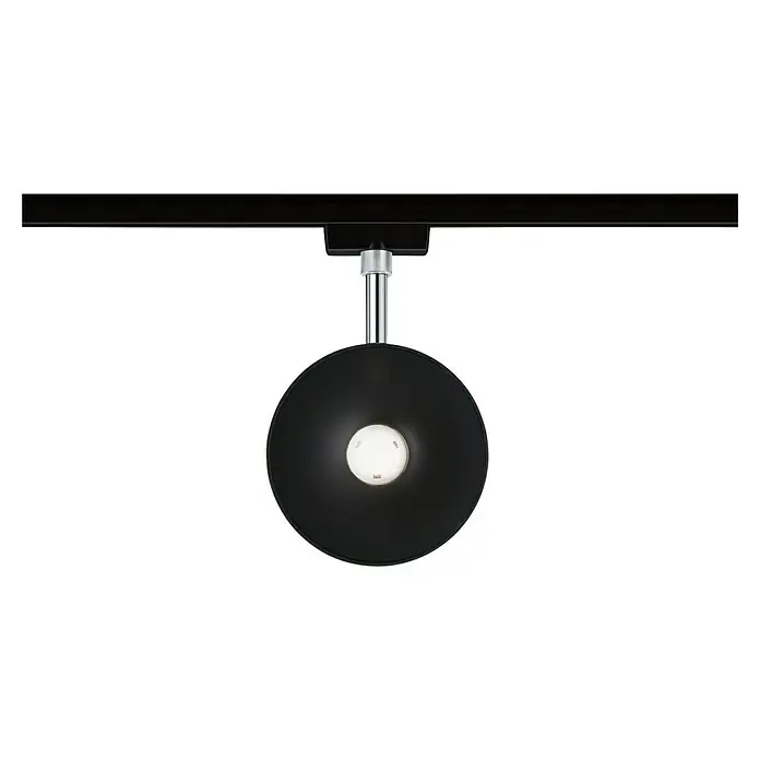 Paulmann URail LED-Spot Sphere - Schwarz matt, L x B x H: 3,2 x 11,98 x 18,3 cm - Nahaufnahme einer schwarzen Strahlerlampe mit einer silbernen Halterung und einer hellen Glühbirne, die von einer schwarzen Schiene hängt.