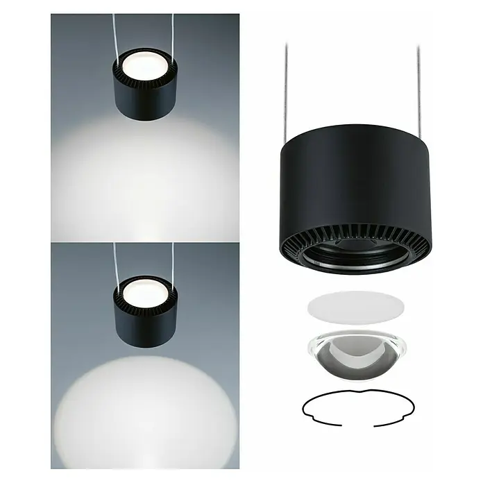 Paulmann URail LED-Pendelleuchte Aldan - Neutralweiß, Schwarz matt, Ø x H: 10 x 150 cm, 4.000 K - Das Bild zeigt eine moderne, schwarze LED-Hängeleuchte und ihre zerlegten Komponenten, die für eine helle und fokussierte Beleuchtung sorgen.