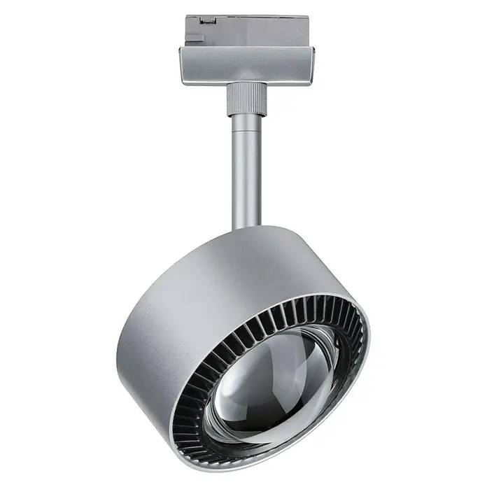 Paulmann URail LED-Spot Aldan - Chrom matt, Neutralweiß, Ø x H: 9,8 x 17 cm - Nahaufnahme einer silbernen LED-Deckenleuchte mit verstellbarem Strahlerkopf und schlichtem Design vor schwarzem Hintergrund.