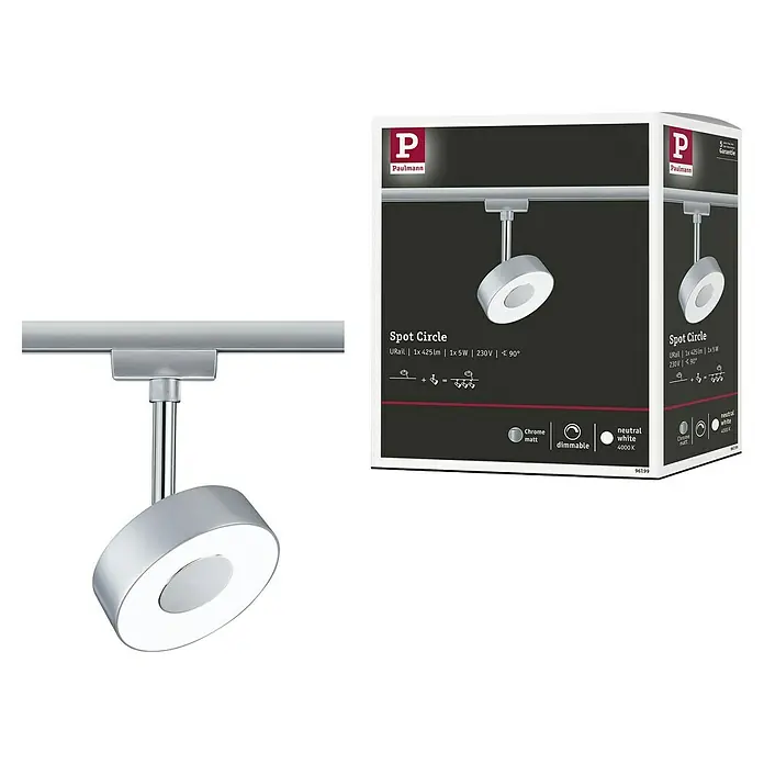 Paulmann URail LED-Spot Circle - Chrom matt, 5 x 9,8 x 15,7 cm - Eine Nahaufnahme eines Paulmann Spot Circle URail-Systems mit chrom-matter Oberfläche und neutralweißem Licht, ideal für moderne Innenräume.