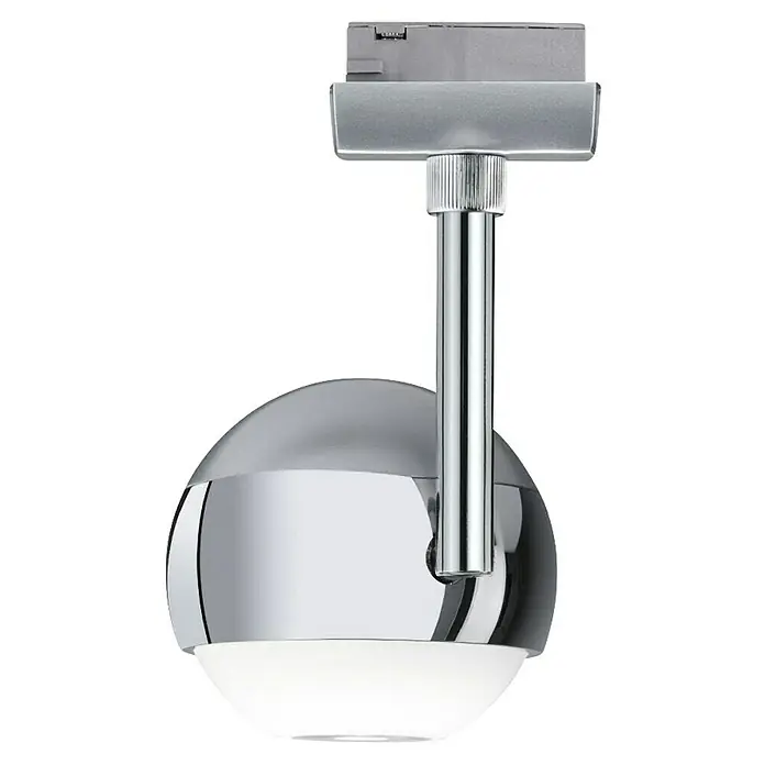 Paulmann URail LED-Spot Capsule II - Chrom matt, 8 x 8,7 x 21 cm, Neutralweiß - Nahaufnahme einer modernen, verchromten Kugel-Deckenleuchte, die Eleganz und zeitgenössisches Design vereint.
