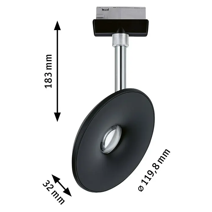 Paulmann URail LED-Spot Sphere - Schwarz matt, L x B x H: 3,2 x 11,98 x 18,3 cm - Aufnahme eines schwarzen LED-Deckenspots mit silbernem Stiel und Maßangaben.