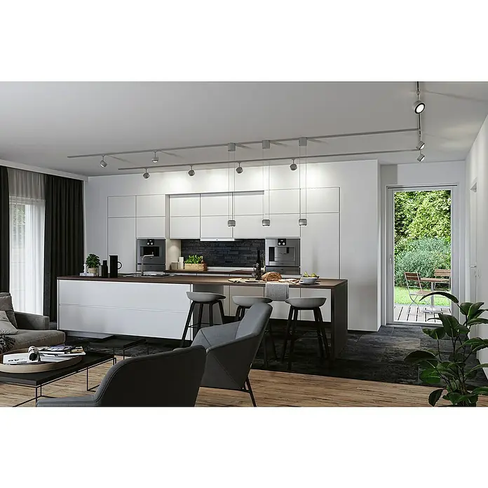 Paulmann URail LED-Spot Aldan - Chrom matt, Neutralweiß, Ø x H: 9,8 x 17 cm - Moderne Küche mit Kochinsel, minimalistischem Design und integrierter Beleuchtung für eine helle und einladende Atmosphäre.