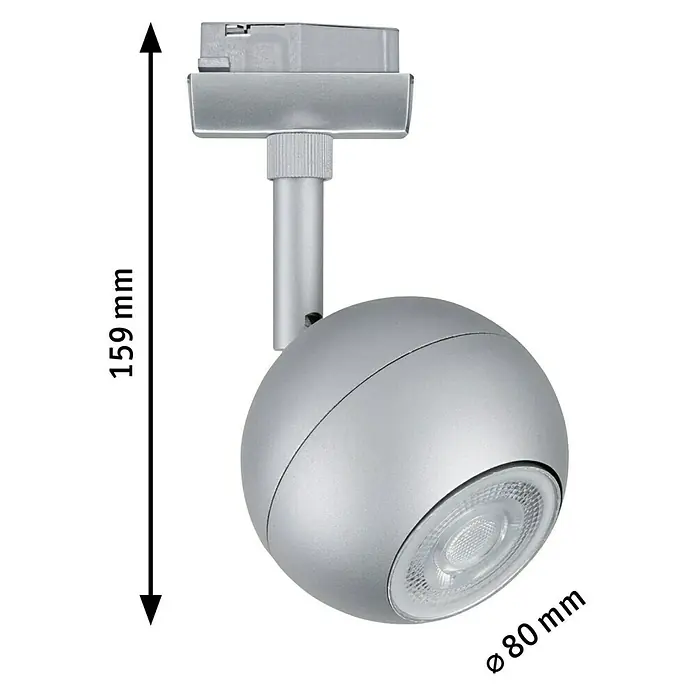 Paulmann URail LED-Spot Tup - 10 W, Chrom matt, Ø x H: 8 x 15,9 cm - Produktbild einer silberfarbenen Kugel-Deckenleuchte mit den Maßen 159 mm Höhe und 80 mm Durchmesser.